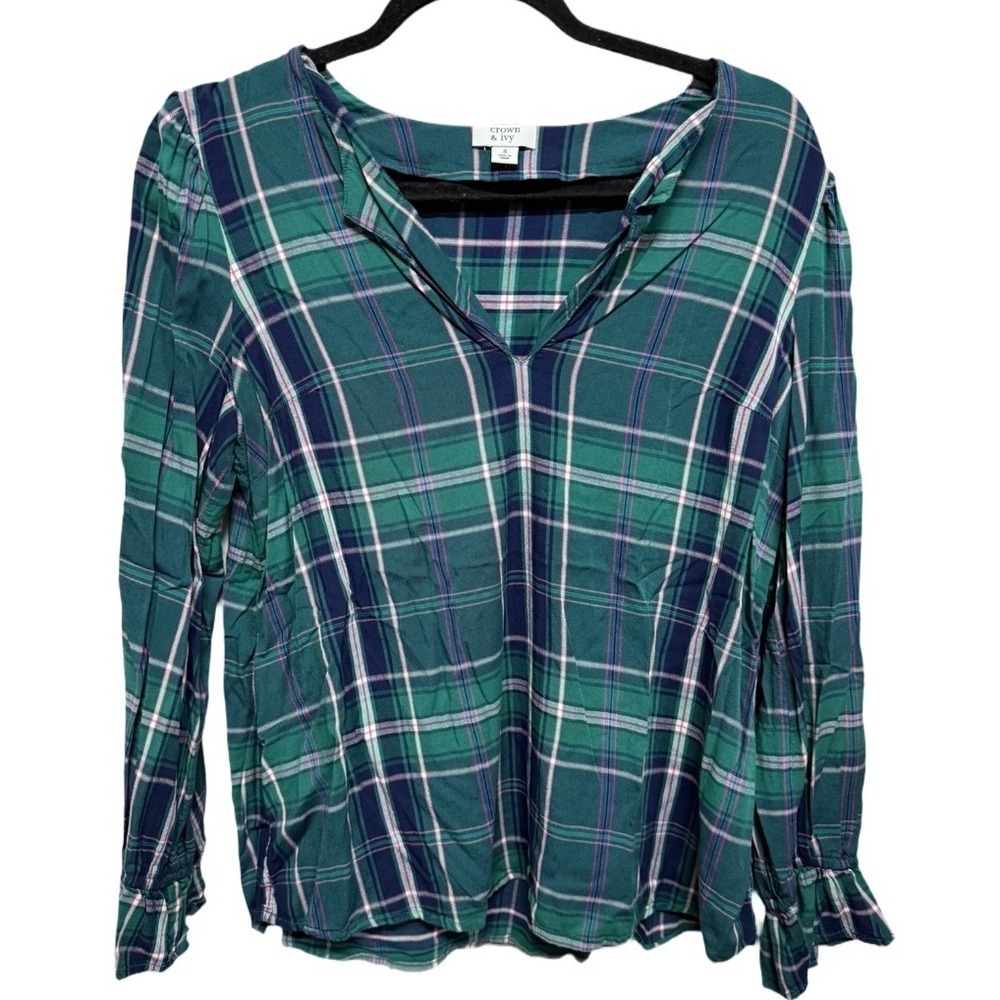 Crown & Ivy Pullover VNeck Plaid Blouse Shirt Green Size Small Oversized Fit